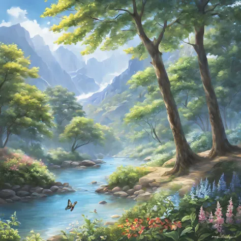 (ultra - detailed,realisticlying:1.37),nature scenes,Peaceful atmosphere,Lush greenery,light wind,flowers in full bloom,tranquil blue sky,Birdsong,serene river,Lively wildlife,Sunlight shines through the woods,mountain in the distance,Reflection of water w...