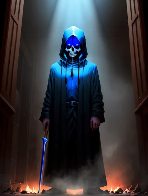 A grim reaper with bright blue eyes in between a dark and light place. Hell and heaven.