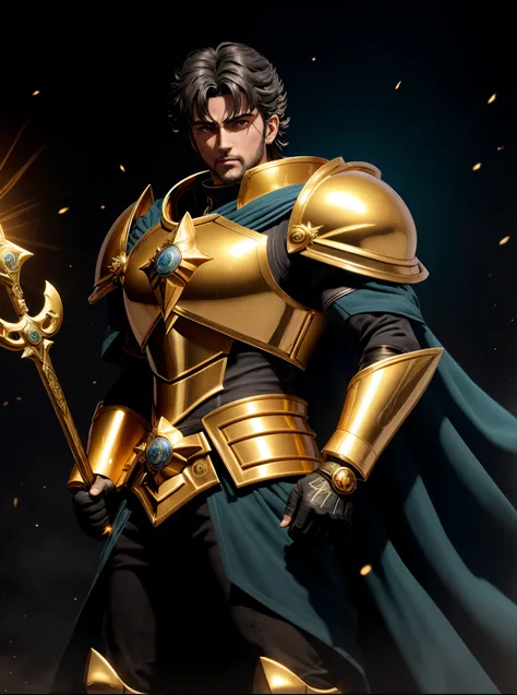 Saint Seiyan the return of the saint, Saint Seiya, knights of zodiac girl, Deus. dramatic gold blue lighting, portrait knights of zodiac girl, joseph joestar, unreal motor render Sao Seiya, cetro, Deus grego no estilo mecha, usando armadura dourada, deus i...