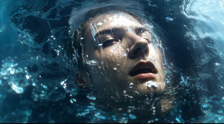 there is a man who is submerged in ice, Face in the water, submerged in water, underwater face, rosto afundado, sinking underwater, Half face in the water, Afogamento, pessoas se afogando, afogado, in a underwater horror scene, humans hide in the underwate...