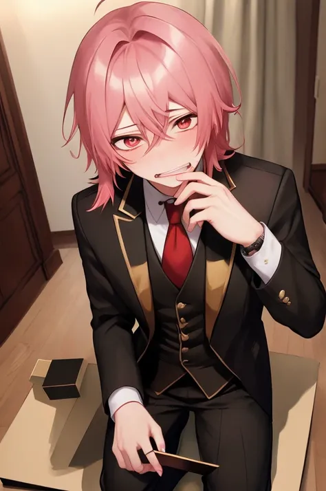 Pov, 1man, anime, with tears, anime style, medium long pink hair with Mullet, red eyes, pale skin, Failed proposal of marriage, being rejected for marriage proposal, crying, in shock, sad, with a ring box in his hand, on one knee, in a house, looking at th...