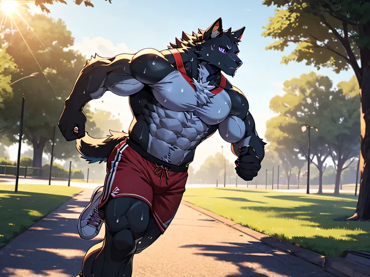 furry,bara,cats,masculine,All black feathers,purple eyes,No shirt..,He wore red and white striped shorts.,Wear running shoes.,muscular,Running in the park,The sun is about to set..,There are clear sweat stains on the body..