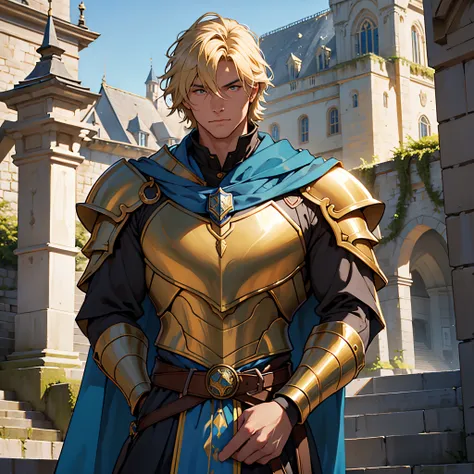 ​masterpiece, Best Quality, 4k, Very detailed, Close-up of a person&#39;Upper body body, Background with:In front of the stairs of a medieval castle built on a lake, knight in golden armor and blue cloak, Ronaldo