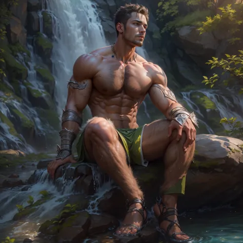 ((best quality)), ((masterpiece)), (detailed), A Hot male with beautiful body, sitting beside a waterfall, anatomically correct, UHD, UHD, retina, masterpiece, ccurate, anatomically correct, textured skin, super detail, high details, high quality, award wi...