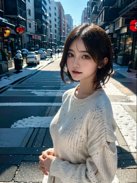 Shopping street with falling snow、midwinter jumper、 top-quality、hyper HD、奈良美智, Japanese Models, Beautiful Japan actress, With short hair, 27-year-old female model, 4 k ], 4K], 27yo, sakimichan, sakimichan