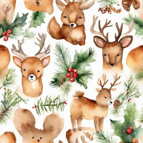 Christmas cute face animal children Christmas illustration postcard style