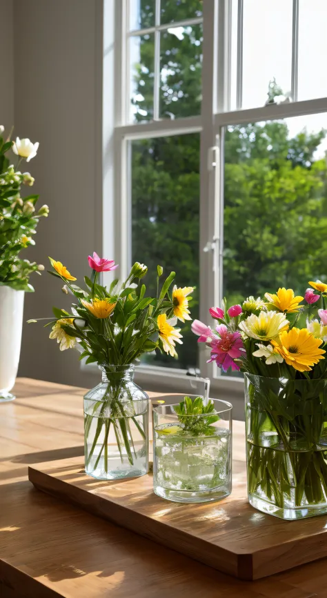 glass table, water, spring flowers, food, harvest, dramatic light, closeup, shaker kitchen, dramatic lighting, sun rays, high end kitchen in background