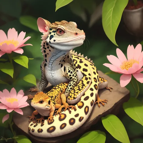 Dragon leopard gecko and pink flowers