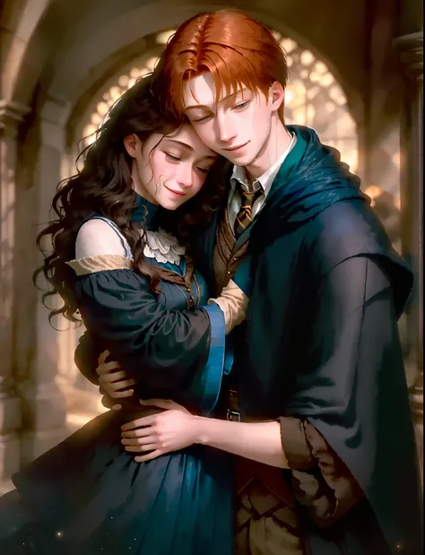 . Fred Weasley, with his mischievous grin, embraces a Ravenclaw girl with long brown hair. The warmth of their friendship is reflected in the genuine smiles on their faces, creating a heartwarming scene reminiscent of the magical world of Harry Potter.