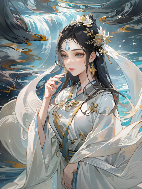 Beautiful woman in white），Flowing sleeves，Big watery eyes and long eyelashes，Beautiful face and smooth fair skin，delicated face，flowing dark hair，ancient chinese beauti，Wearing ancient Chinese costumes，Flowing tulle，light toned，light toned，（clean backdrop）...