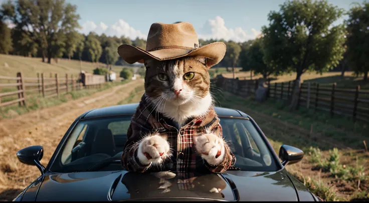 cowboy cats, farmer, adorable digital painting, wearing farm clothes, the cat who could drive a car, cowboy, cat with a hat, photobashing, cute 3 d render, on a farm