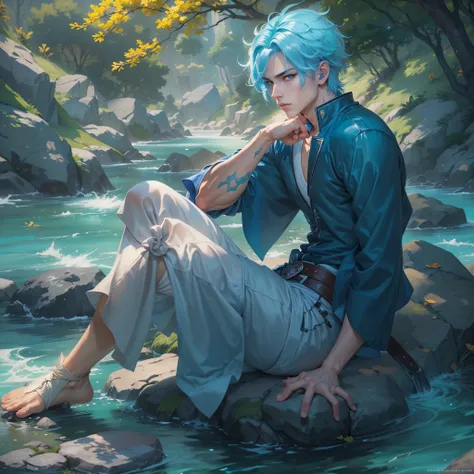 ((best quality)), ((masterpiece)), (detailed), there is a man with blue hair sitting on a rock in a river, handsome anime pose, extremely detailed artgerm, smooth blue skin, male art, handsome guy in demon slayer art, ig model | artgerm, tall anime guy wit...