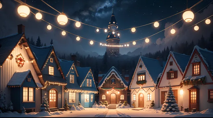 Christimas Santa Claus smiling happily smiling to heaven, olhando para frente, reindeer in the sky, Gingerbread candy village, cinematographic scene, Art Deco, studio illumination, Roboto, Colouring, Inspetor, fantasia, conto de fadas, intrincado, Florta, ...