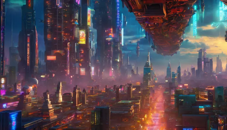 (futuristic, utopian) cyberpunk city, (high-tech, advanced) future technology, (vibrant, bustling) urban landscapes, (sleek, imposing) skyscrapers, (hovering, flying) vehicles, (glowing, neon) lights, (holographic, interactive) advertisements, (overflowing...