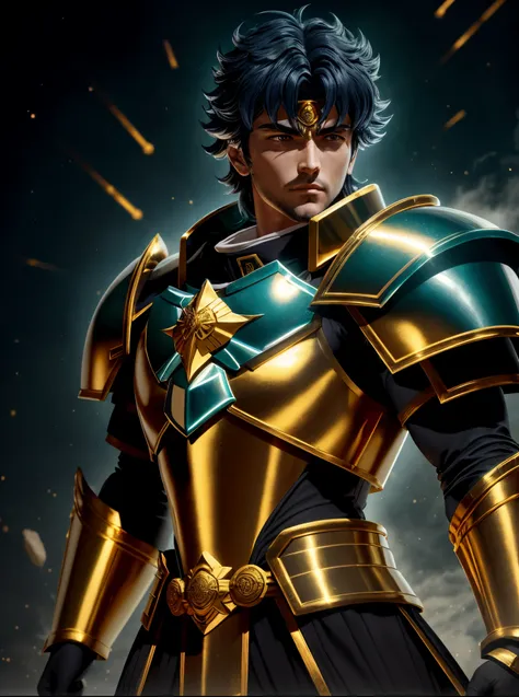 Saint Seiyan the return of the saint, Saint Seiya, knights of zodiac girl, Deus. dramatic gold blue lighting, Portrait Knights of the Zodiac, joseph joestar, unreal motor render Sao Seiya, cetro, Deus grego no estilo mecha, usando armadura dourada, deus im...