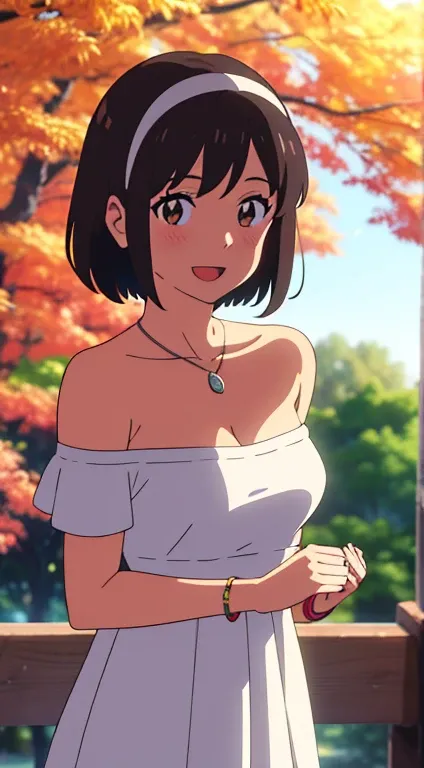 (masterpiece, best quality, high quality, highres, ultra-detailed), shinkai makoto, kimi no na wa., 1girl, bangs, black hair, blush, bright eyes, brown eyes, headband, looking at the viewer, red hairband, dress, white dress, white off the shoulder dress, r...