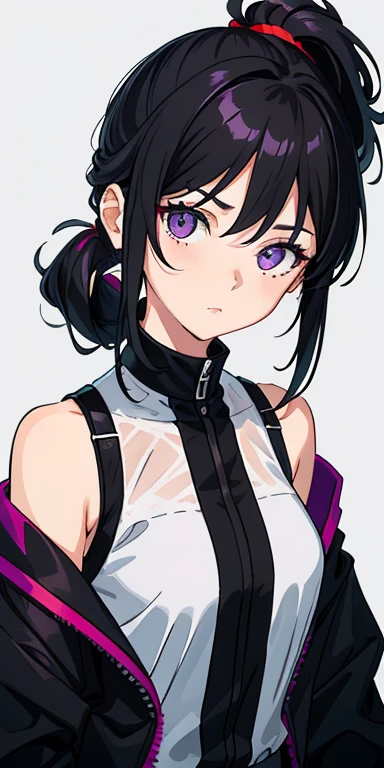 （tmasterpiece：1.2，best qualtiy），（Fine beautiful eyes：1.2），A girl with a black ponytail，Black colored eyes，，only 1girl，20yr old，Purple-red jumpsuit