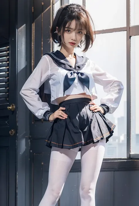 Student Clothing，a sailor suit，White ass pantyhose，White stockings，Thick white pantyhose，Thick white dancing socks，without wearing shoes，huge tit，Cocked buttocks，Super detail，hyper HD,A high resolution,1080p,Anatomically correct，ccurate，Physical coordinati...