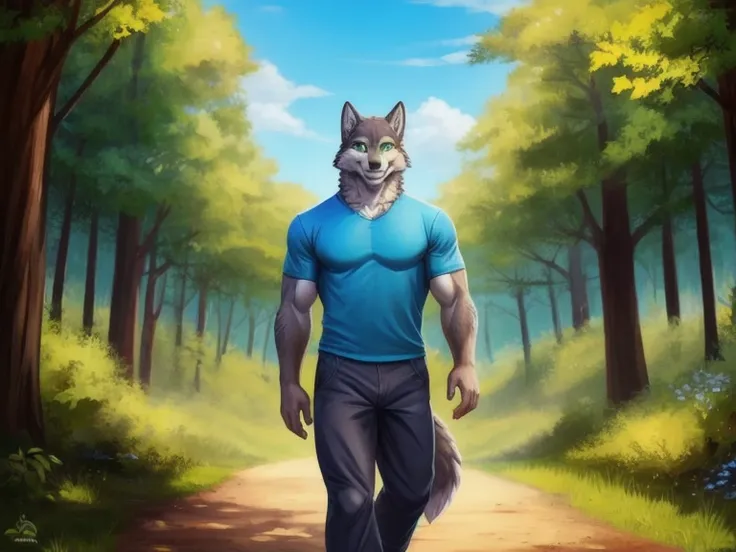 Best quality, Masterpiece, 1 male furry wolf, Grey wolf, Green eyes, best eyes, anthro, muscular, Blue t-shirt, pants, walking, forest, sunny day, smile, looking at the viewer