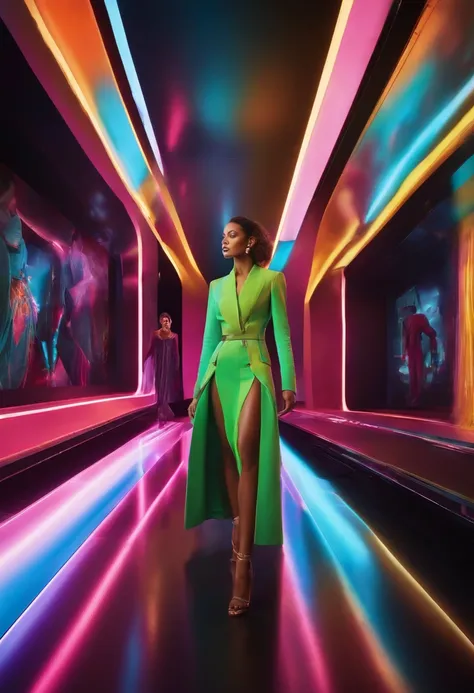 a vibrant, futuristic image with vivid colors, featuring a digital art gallery in the future. Incorporate bright, dynamic lighting and clear, innovative elements for a sense of advanced technology and optimism, catwalking models --ar 3:2