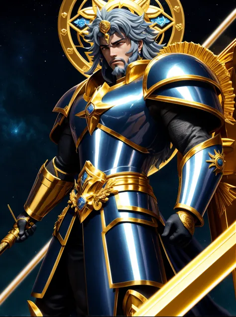 Saint Seiyan the return of the saint, Saint Seiya, knights of zodiac girl, Deus. dramatic gold blue lighting, Portrait Knights of the Zodiac, joseph joestar, unreal motor render Sao Seiya, cetro, Deus grego no estilo mecha, usando armadura dourada, deus im...