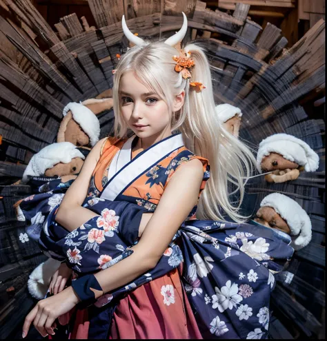 Young girl, cute girl, hair white, orange aye, little horned girl kimono white