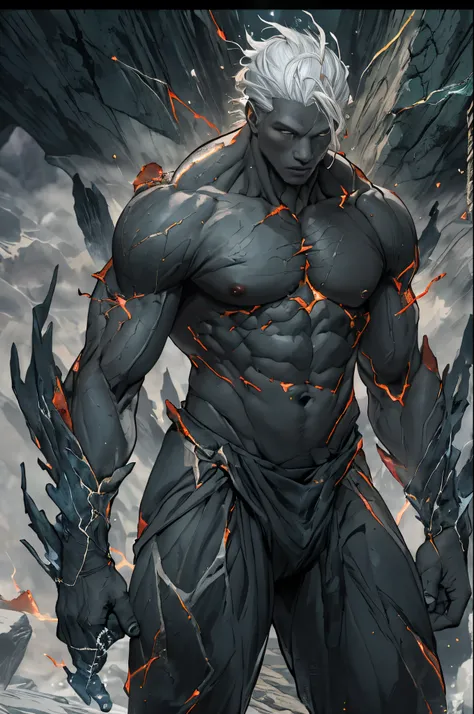 Black humanoid creature made of rock, upper part of body, Bare-chested, femele, ((tmasterpiece, Best quality)), Skin rupture, White current surges from the cracks, muscle men, (Dragonborn:0.6), gray hair outdoors, Detailed background depth of field