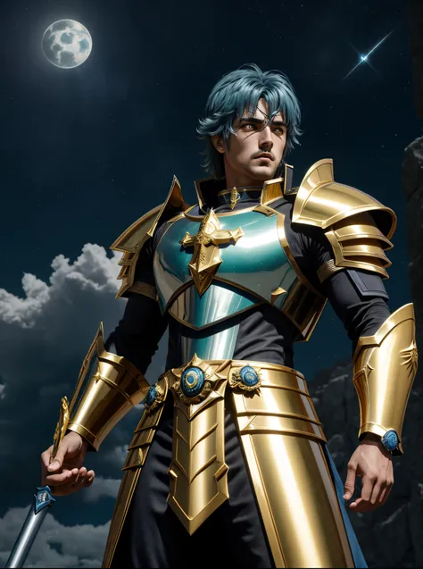 Saint Seiyan the return of the saint, Saint Seiya, knights of zodiac girl, Deus. dramatic gold blue lighting, Portrait Knights of the Zodiac, joseph joestar, unreal motor render Sao Seiya, cetro, Deus grego no estilo mecha, usando armadura dourada, deus im...