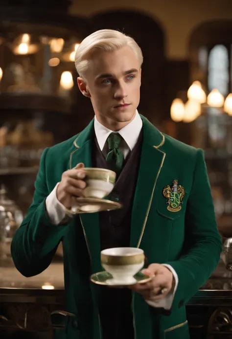 A photo of Draco Malfoy standing in a high-end wizarding cafe, sipping a meticulously brewed cup of exotic magical tea.,Harry Potter series,Draco is tall with neat platinum blonde hair, icy blue eyes, wears Slytherin Hogwarts robes, famously portrayed by T...