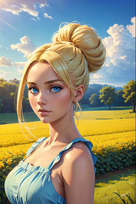 (best quality,4k,highres,masterpiece:1.2),ultra-detailed,(realistic:1.37) young woman, 23, solo, blonde hair huge bun top of head, farm background, simple dress, big blue eyes, beautiful