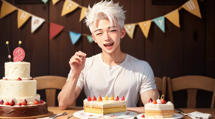 I need a white-haired boy themed photo。happy birthday mom。The boy is very happy with a cake in his hand。2D style。don&#39;t make it too real。cellulo style