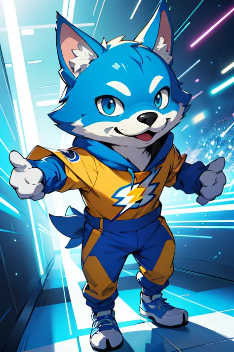 um mascote para canal no youtube sobre curiosidades, mascot wearing a flash suite, luz azul