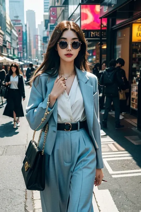 Beautiful city girl with elaborate makeup, Stylish clothes, classy fashion sense, Long straight hair, Bring a stylish handbag, And wear trendy sunglasses, Walk with confidence in downtown Seoul [urbane, Modern, Vibrant]. Her perfect porcelain skin shone in...