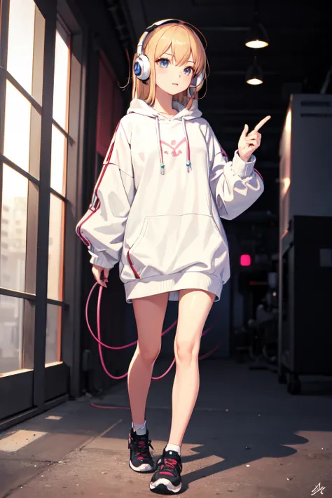 an animated girl with headphones on listening to lofi songs, full body