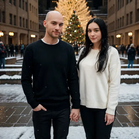 Pixar style couple. The man is tall skinny with freckles, bald with a short stubble blonde beard. The woman is fat with long black hair with a middle part. They are both wearing black jeans with white knitted shirts. They are holding hands infront of Rocke...