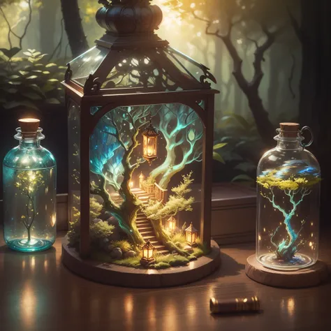 (fairy forest trapped in a bottle)、Atmospheric Oliva Lighting、kirakira,4K UHD、Highly detailed and vibrant colors、Magnificent composition、rendering octane、foco nítido、high-resolutionisometric,magical lights,Magic Effects,on the palace desk,​masterpiece,Ange...