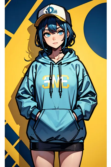 1girl,blue hair,light blue eyes,yellow over sized hoodie,yellow cap