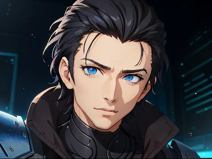 close-up of a man with blue eyes in a dark room, face of an armored villian, Attractive sci-fi face, In the anime movie Ergo Proxy, character art closeup, rogue grin, in the anime series ergo proxy, Detailed android face, Still from the 2020 film "Dune", T...