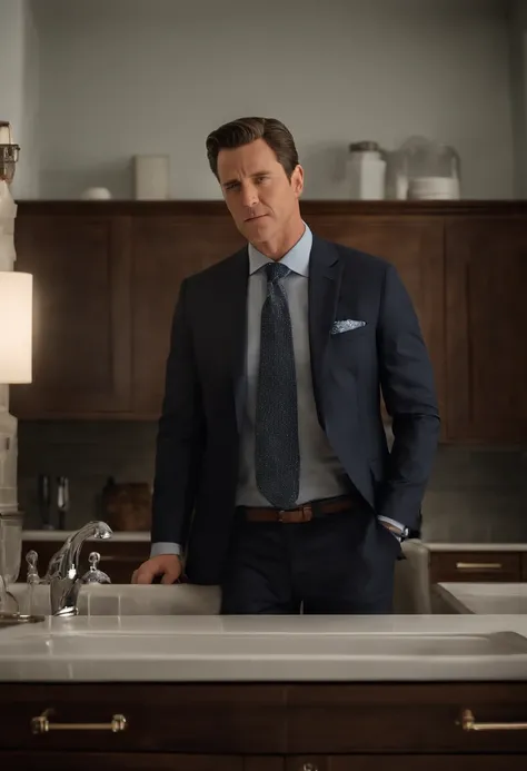 A photo of Greg attempting to fix a leaky faucet, with water spraying everywhere,Succession TV series,Cousin Greg from “Succession,” often resembling a deer caught in the corporate headlights, towers awkwardly above everyone else, his lanky frame perpetual...