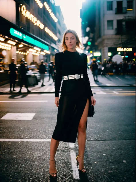 European woman through motion, Woman wearing Saint Lauren, busy street, Fashion model, Paparazzi, (full body: 1.3), (luxury advertising photography: 1.2), Flashlight, Shutter drag, Motion blur, Lens flare, (Graflex speed graphic: 1.4), Brushwork exploratio...