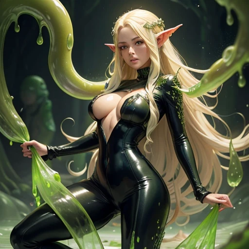 Half immersed in monstrous slime, body of an adult blonde elf with long hair, woman in leather jumpsuit, Full growth in the frame. Slime monster tentacles cover the body. higly detailed.