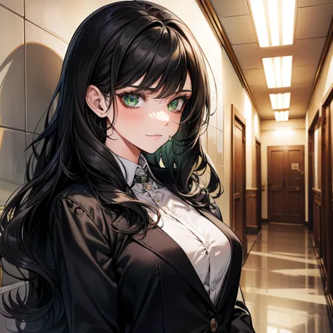 A pretty lady with hair wavy medium black hair and green eyes, giving a rich, toublemaker and bad girl vibe, looking at you with a smugly, school, modern era, upper body, school hallway