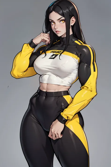 girl 1girl pale skin muscular toned body thick thighs black hair yellow eyes long hair grey background bodybuilder black leggings tight long sleeve two-tone t-shirt  thin waist thin waist thin waist