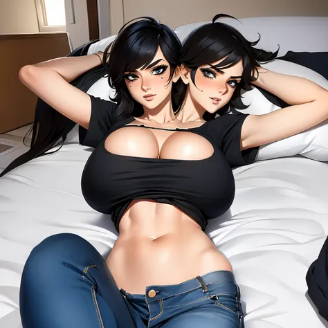 2heads, tall thin woman with 2 heads. Massive breasts. Teenager. In a bedroom. Laying down on back. Ripped T-shirt. Ripped jeans. Messy hair. Happy. Blushing. Spunky. Think eyeliner. Seductive. Huge fake round tits. Pulling shirt, touching breasts. Big ere...