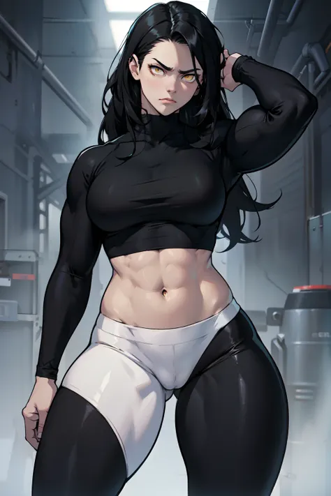 girl 1girl pale skin muscular toned body thick thighs black hair yellow eyes long hair bodybuilder black leggings tight long sleeve two-tone t-shirt  thin waist thin waist thin waist frown simple background dark atmosphere wide hips thick thighs