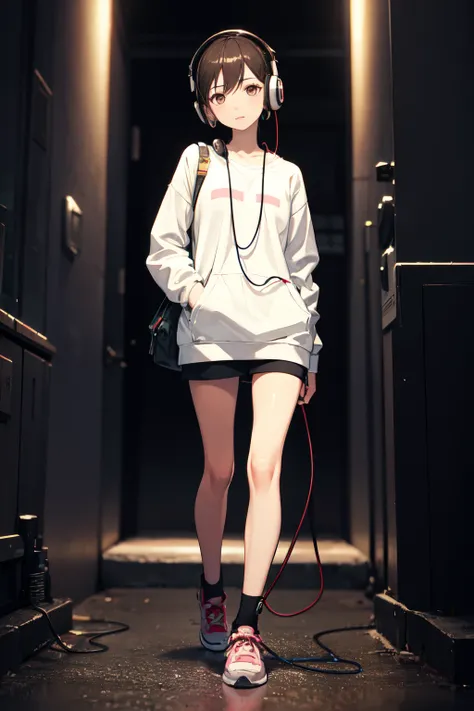 an animated girl with headphones on listening to lofi songs, full body