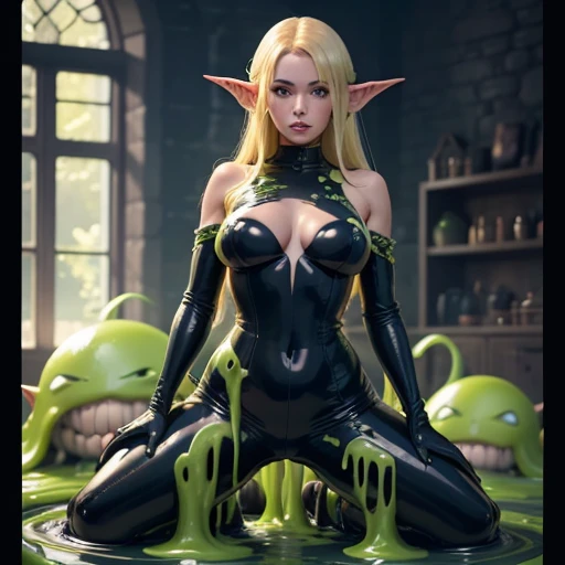 Half immersed in monstrous slime, body of an adult blonde elf, woman in open black leather jumpsuit, Full growth in the frame. Slime monster tentacles cover the body. higly detailed.