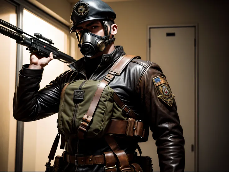 A steampunk soldier fights in a war, using a Leonardo AI-operated rifle and a jetpack, while wearing a leather jacket and a gas mask. enormous breast