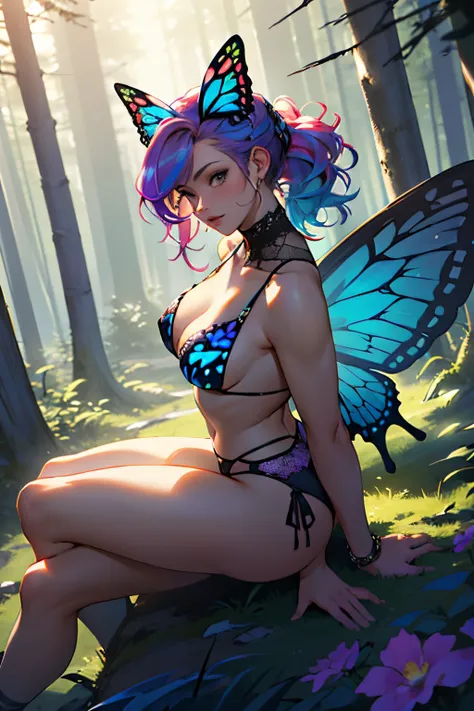 ((best render quality)),((8k)), ((Woman)),((Sexy girl)),((Diffuse light)), ((dreamy)), ((fantasy)), ((rainbow hair)), shes in the forest, lots of flowers, she has an adornment of flowers in her hair, we are using a ((high angle)), provocative underwear and...