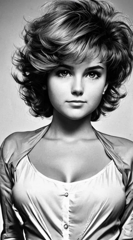 Realistic 80s photo on monochrome film; young plump Russian woman 38 years old, beautiful proportional round face, round cheeks, Round chin, Big shiny brown eyes, small snub-nose, eyeglasses, parted sensual lips, Serious, Tired look, calm pleasant smile, m...